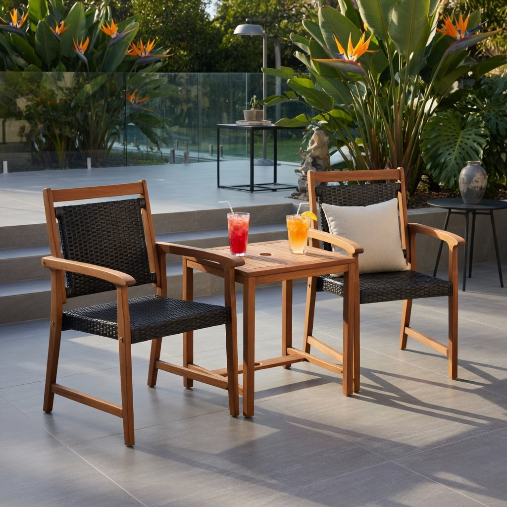 Hommoo 2-Piece Outdoor Patio Seating Set with Acacia Wood Frame & PE Rattan Chairs + Coffee Table, All-Weather Garden Sofa Set for Deck, Backyard, or Balcony, Reddish Brown