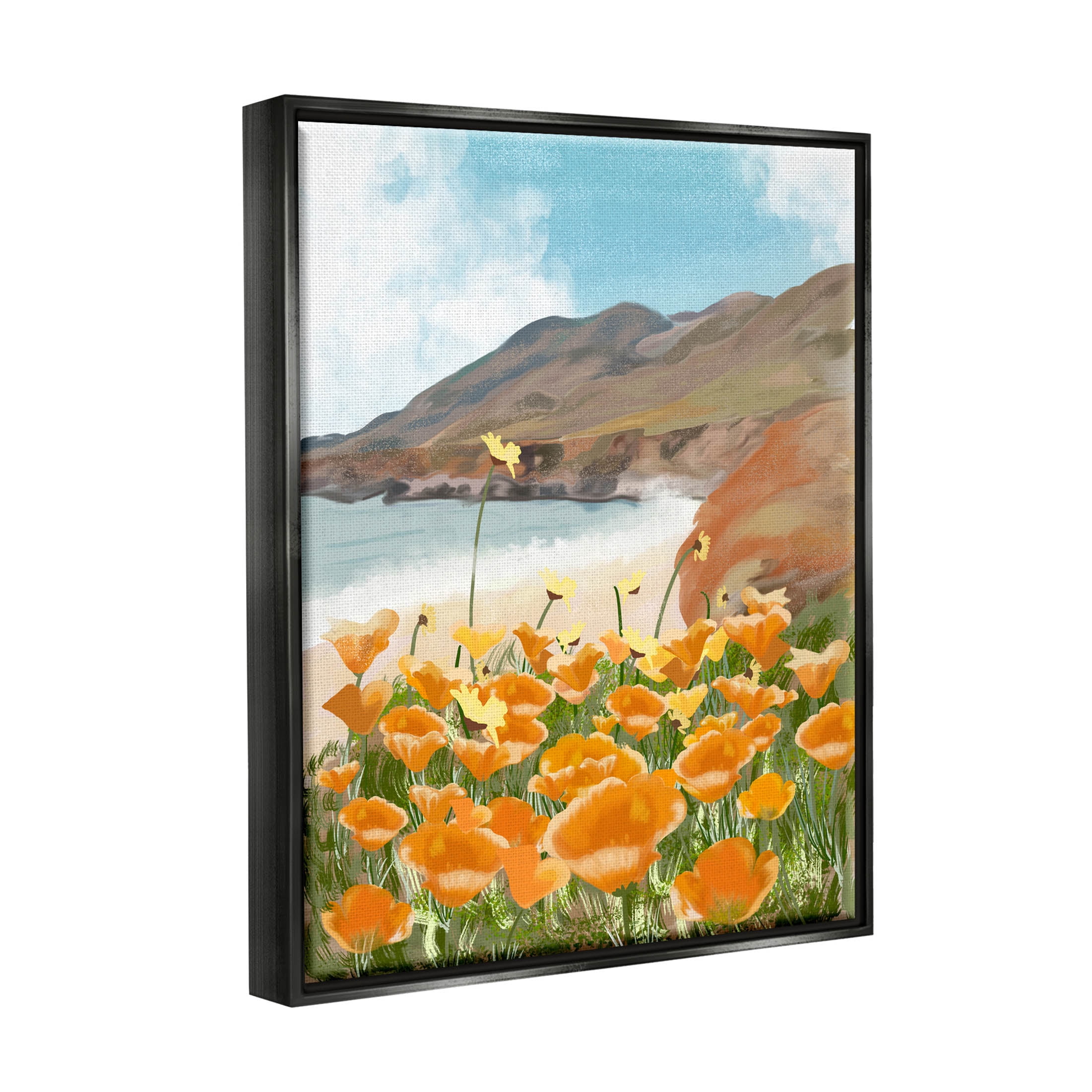 Stupell Industries Coastal Flower Meadow Blooming Graphic Art Jet Black Floating Framed Canvas Print Wall Art, Design by Ashley Singleton
