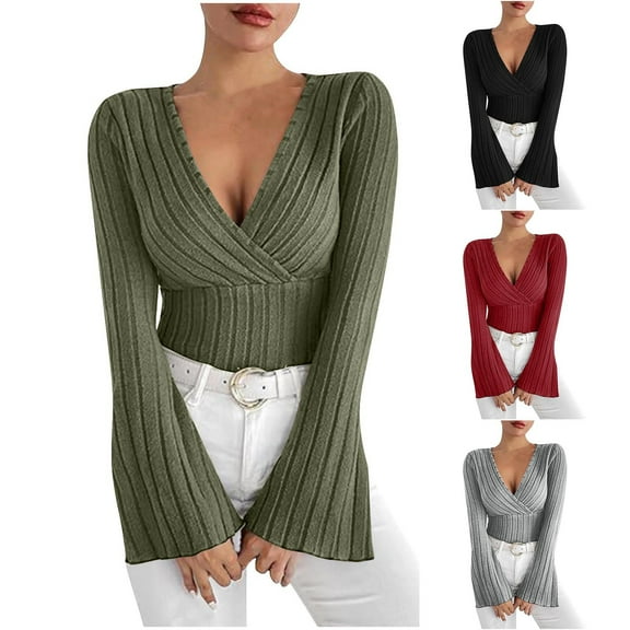 Bixock Women Fall and Winter Blouse,Women Casual Tops,Bixock Women Fall and Winter Blouse Women Casual Tops Solid Color Ribbed V Neck Long Sleeve Basic Tee