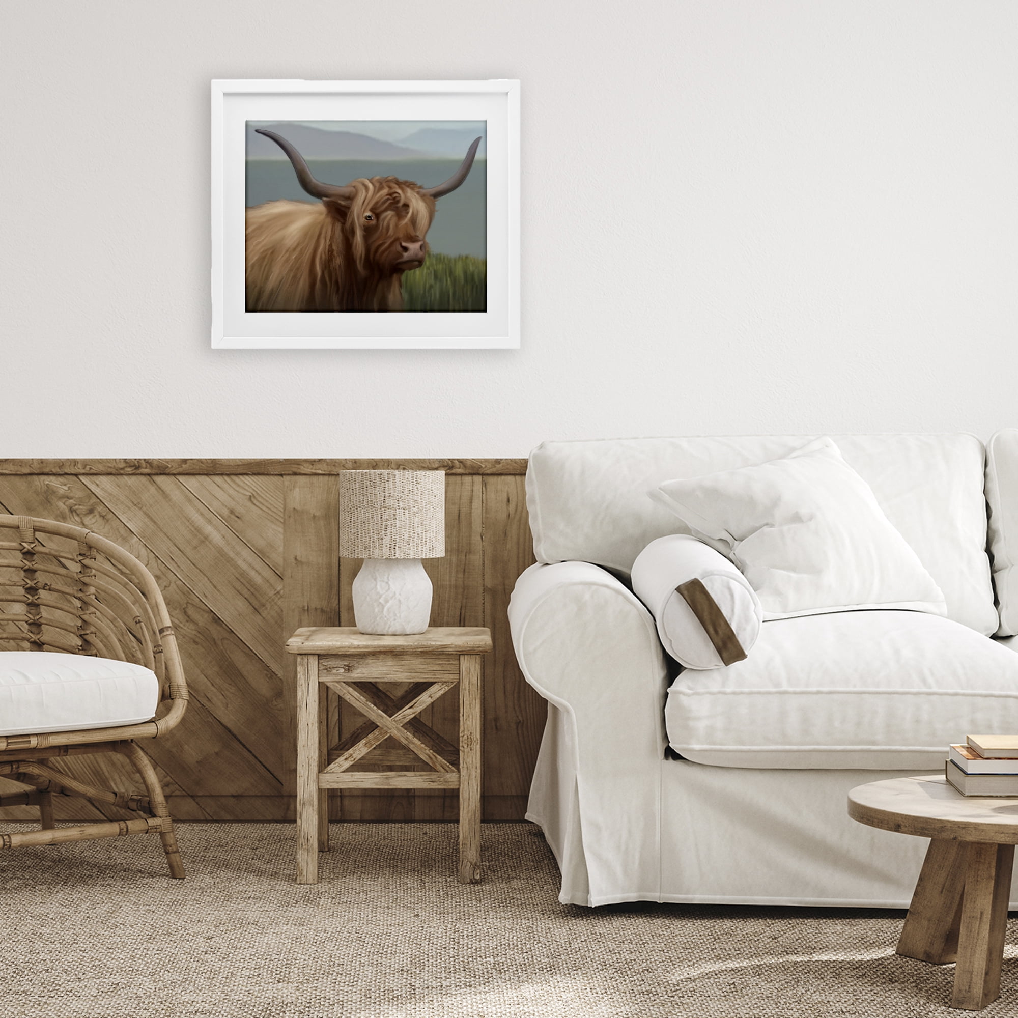 Stupell Industries Scottish Highland Cattle Landscape White Framed Print Under Glass, design by Matthew Piotrowicz
