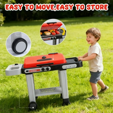 JUGAAD LIFE 43 PCS Kids BBQ Grill Playset, Pretend Play Kitchen Toy Set, Barbecue Toy with Wheels, Sound Light, Outdoor Food Toys Cooking Set for Toddler, Birthday Gift Boys Girls