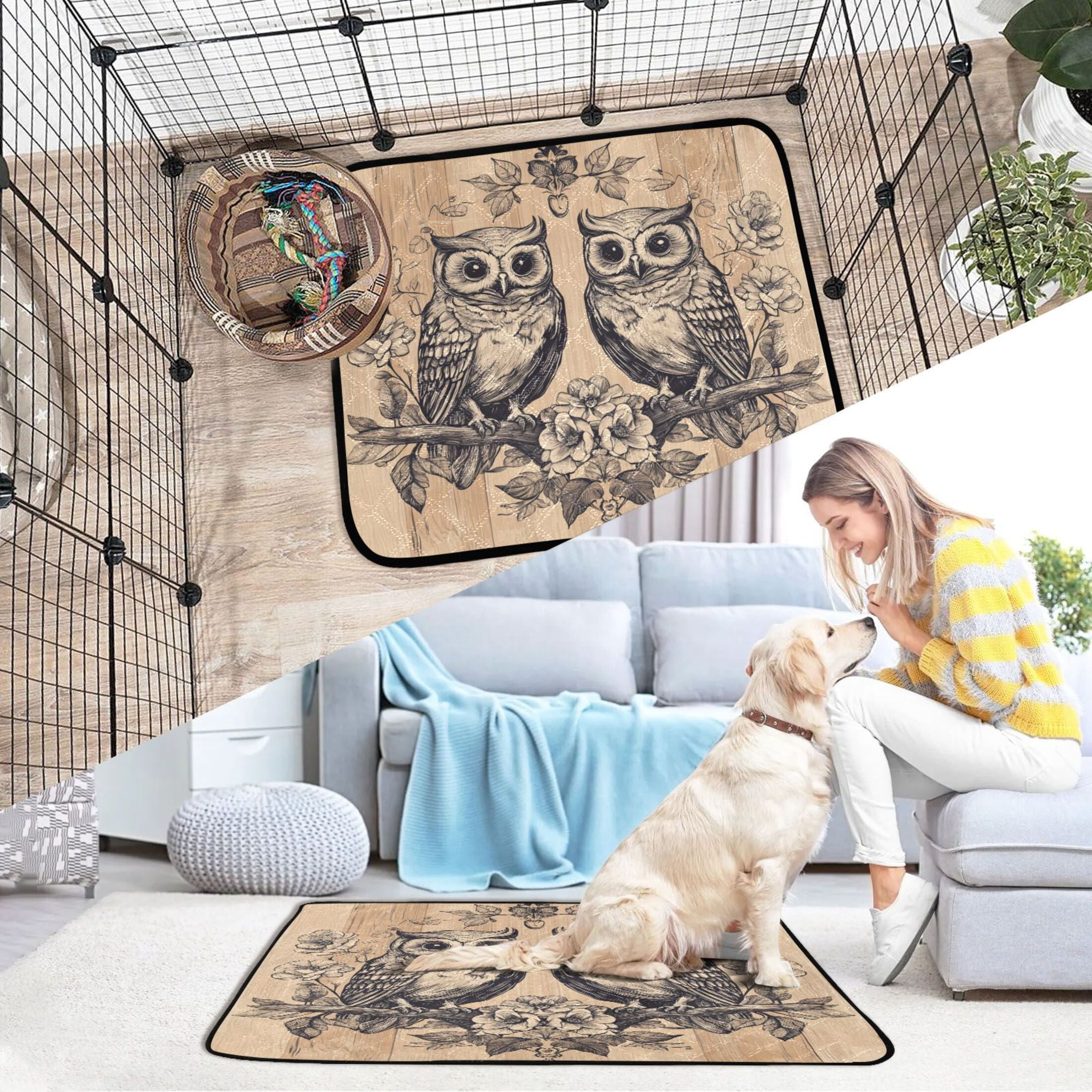Qxltty Two Owls Sitting on Opposite Branches Cat litter Pads Pet Set of 3 Diaper Mats Center Anti-leakage Layer Absorbent Soft and Comfortable