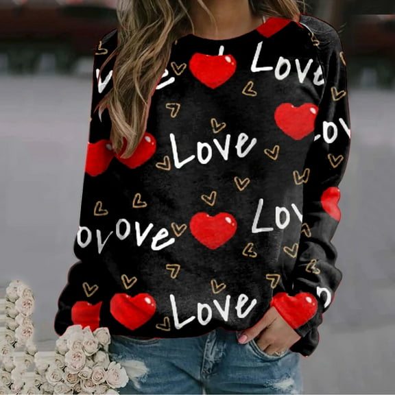 kytmyeq Women's Imitation Cotton Fashion Valentine's Day Print Pattern Long-sleeved T-shirt