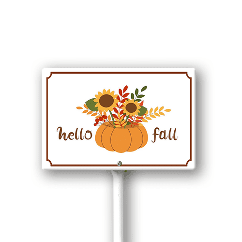 Eveokoki (12X8)IN Hello Fall Aluminum Yard Signs With Stake Fall Decor Lawn Stake Stand Autumn Yard Sign For Home Harvest Thanksgiving Pumpkin Spice Season Outdoor Vintage Decorations