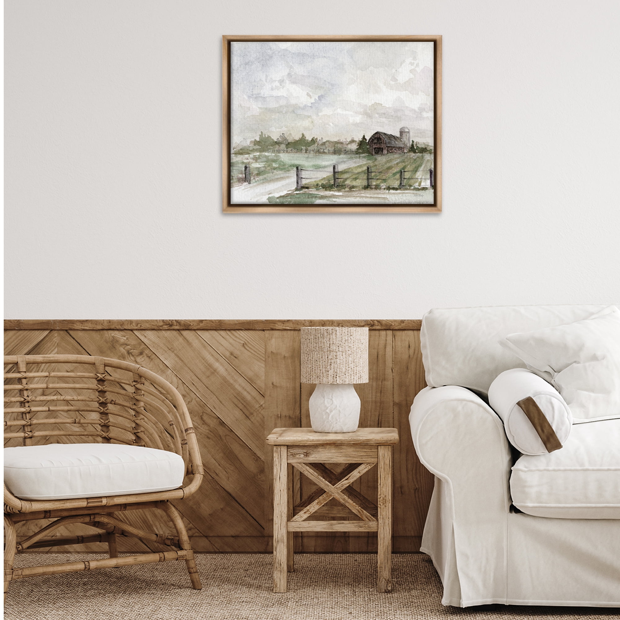 Stupell Industries Rustic Barn & Fence Landscape Painting Brown Floater Framed Canvas Art Print Wall Art, 31 x 25