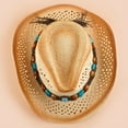 thumbnail image 2 of Boho Western Cowboy Straw Hat - Hand Woven Faux Jade Chain Decor Hat for Women, Men, and Unisex - Perfect for Summer Beach and Casual Wear, 2 of 5