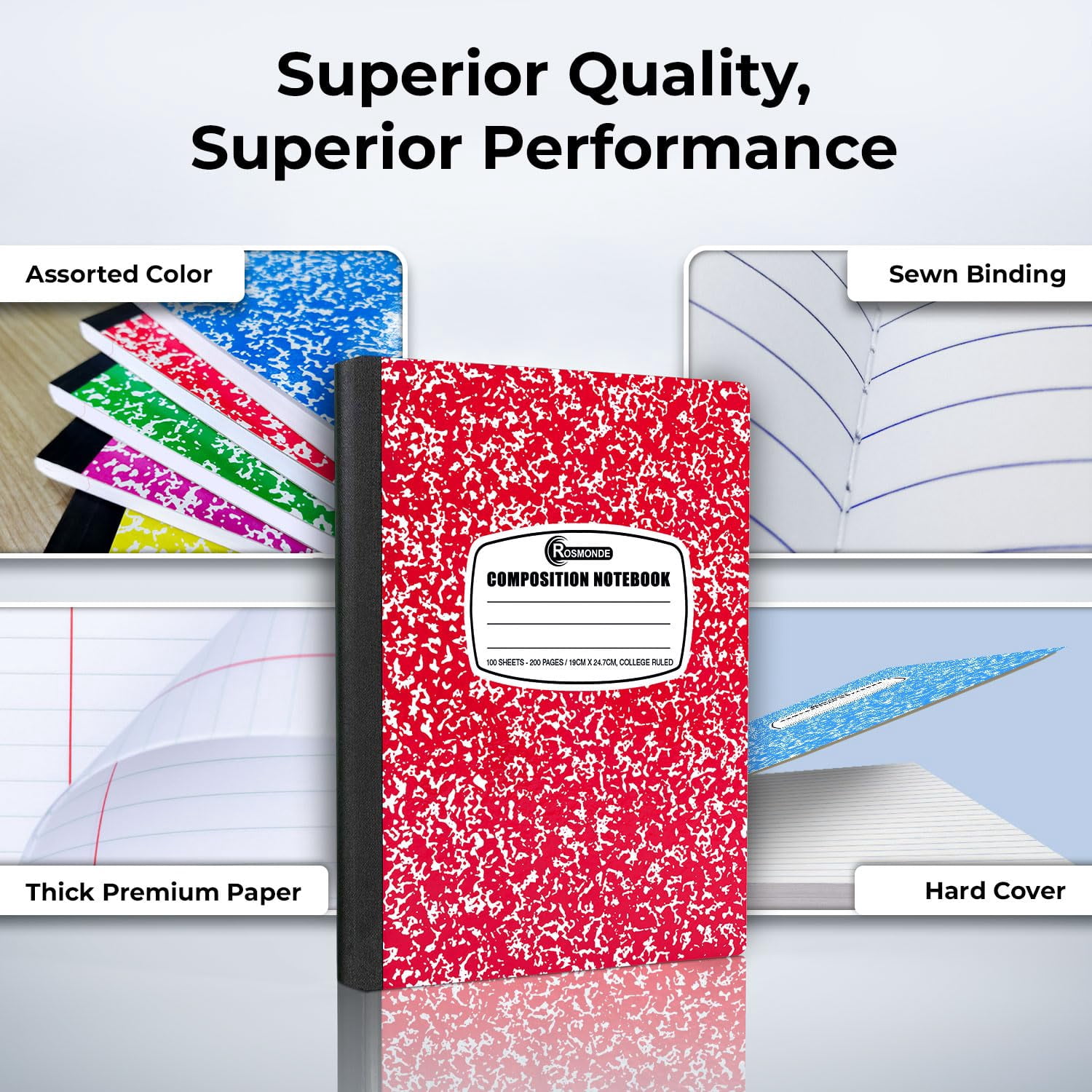Rosmonde Composition Notebooks Bulk, 50 Pack, College Ruled, 200 Pages (100 Sheets), 9.75 x 7.5 in, Hard Cover Binding, Back to School Supplies, Bulk Notebooks for School & Office Use