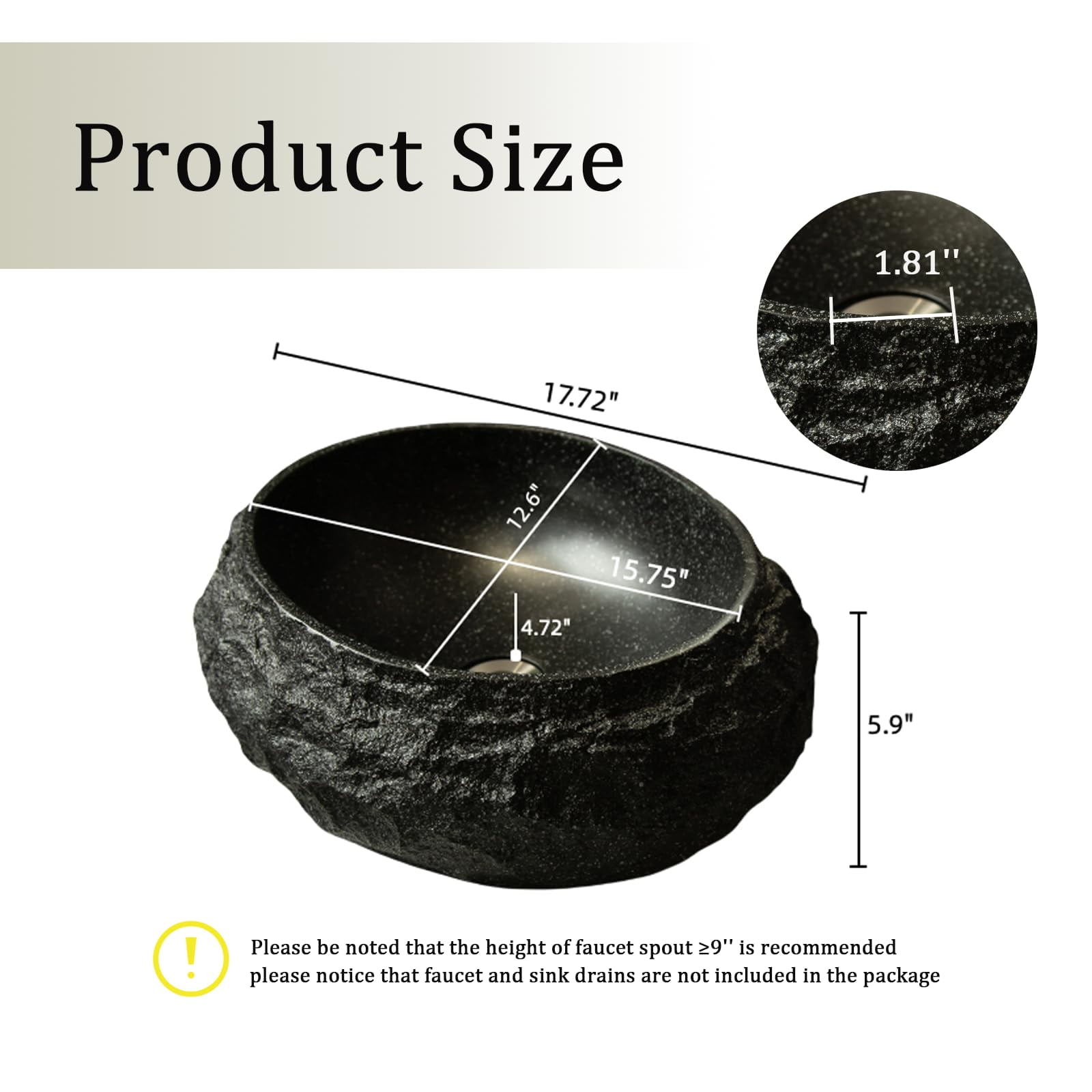 18 Inch Irregular Oval Resin Bathroom Vessel Sink – Stone Pattern, Artistic Style，Black