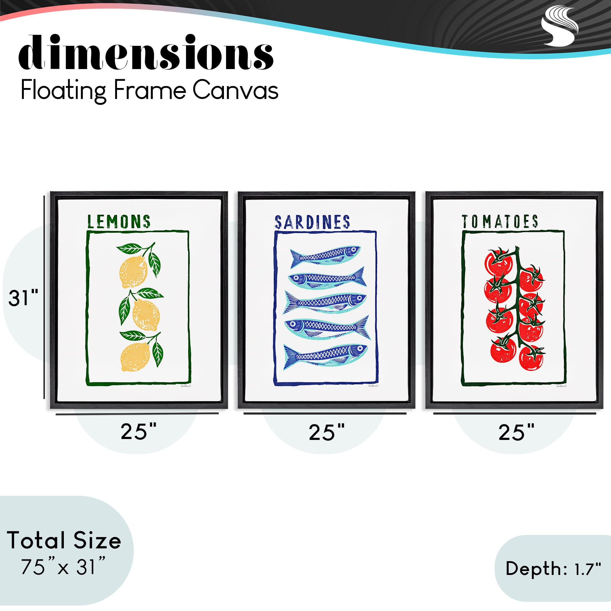 Stupell Industries Healthy Summer Foods 3 Piece Black Framed Floater Canvas Set, design by Amanda Greenwood