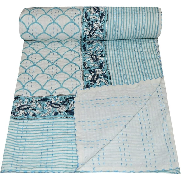 Indian Hnad Block Print Quilt Queen Size Quilt Cotton Quilt Handmade Quilt Kantha Throw Kantha Bedspread Indian Quilt White Kantha Quilts