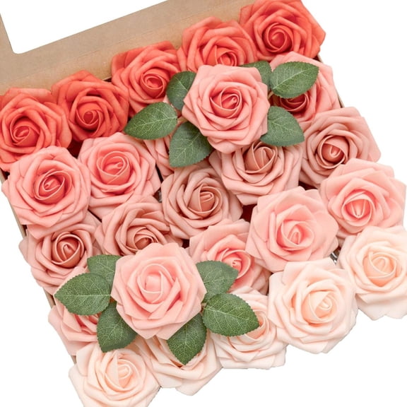 Artificial Flowers 25Pcs Coral Roses Decor w/Stems, 3" Real Touch DIY Foam Floral for Wedding Bouquet/Centerpieces, Outdoors Party Backdrop, Room/Table, Christmas Decor