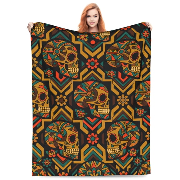 Sugar Skull Throw Blanket, Halloween Flannel Blanket for Couch, Soft Cozy Warm Blanket for Home 50x40