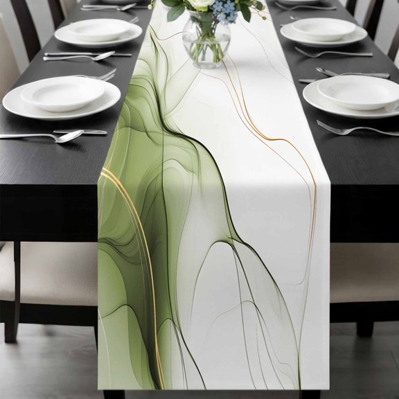 Marble Sage Green Table Runner 108 Inches Long, Gold White Modern Gradient Ocean Wavy Kitchen Coffee Dining Table Decoration for Home Party Birthday Wedding Home Decor 13x108 Inches