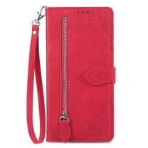 for Samsung Galaxy A52 5G Case, Wallet for Women Men, Durable PU Leather Magnetic Flip Lanyard Strap Wristlet Zipper Card Holder Wallet Phone Case for Samsung Galaxy A52 5G 6.5",Red