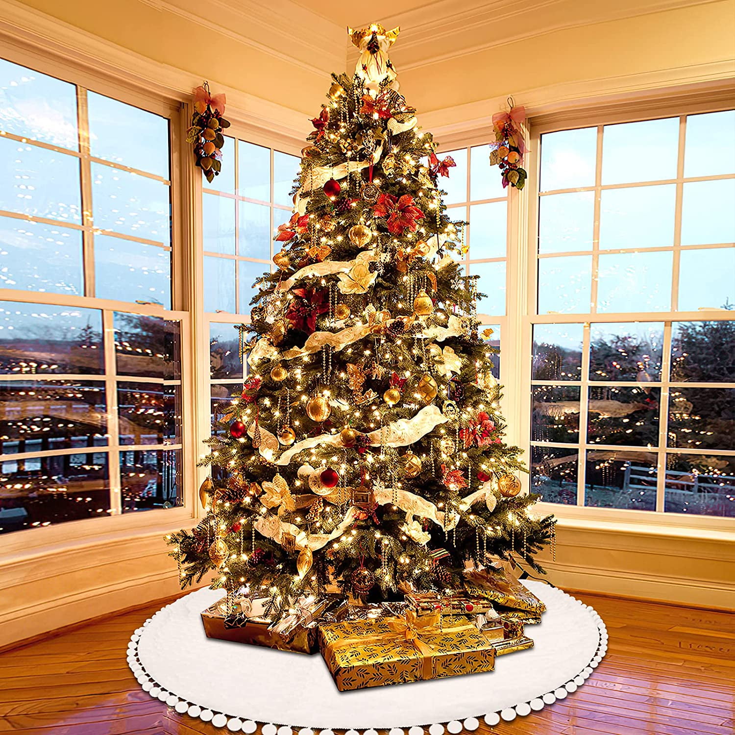 Jupe Sapin Noël Fausse Fourrure - Diamètre 92cm, Rouge/blanc | Réutilisable, Fermeture Velcro