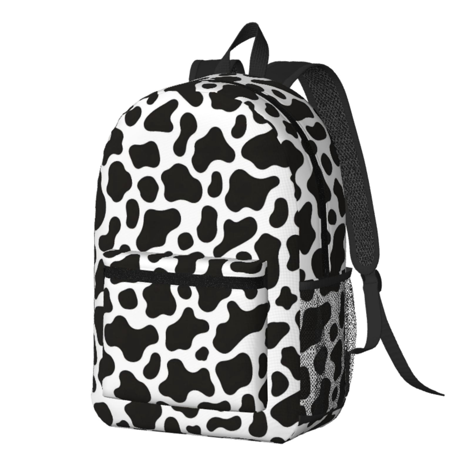 17in Backpack With Pocket Adjustable Shoulder Strap Large Capacity Zipper Opening And Closing Double Pull Head Zipper For Work Travel Sports Black White Cow Print