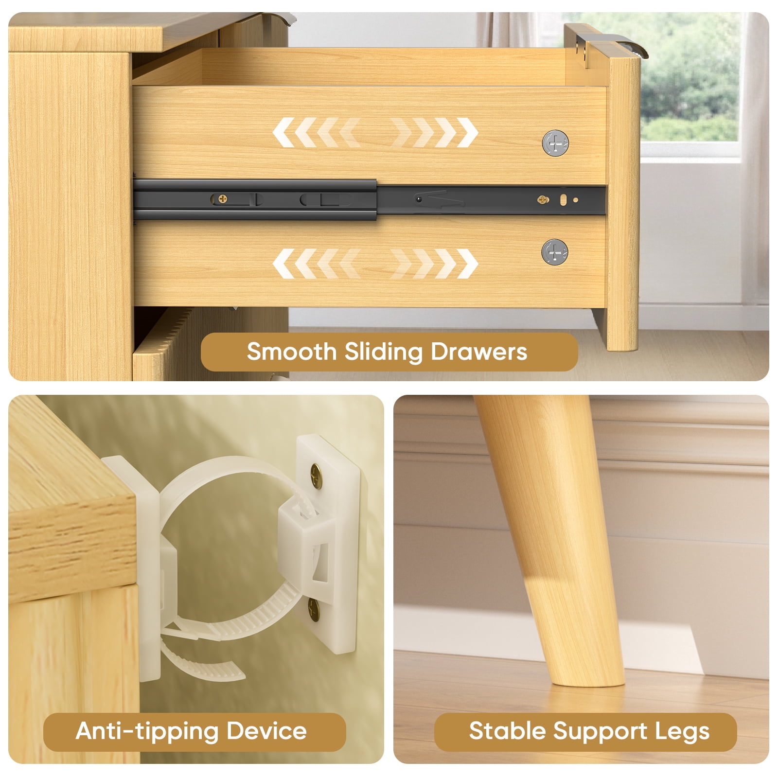 Hommoo 9 Drawer Dresser 63"W Storage Cabinet Credenza, Fluted Wooden Chest of Drawers for Home, Entrance, Natural