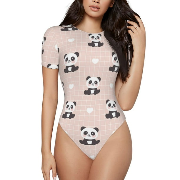 Fotbe Cute Panda Body de Mujer con Cuello Redondo y Mangas Cortas, Sin Mangas Ajustado, Suave, Cómodo y Básico-Medium