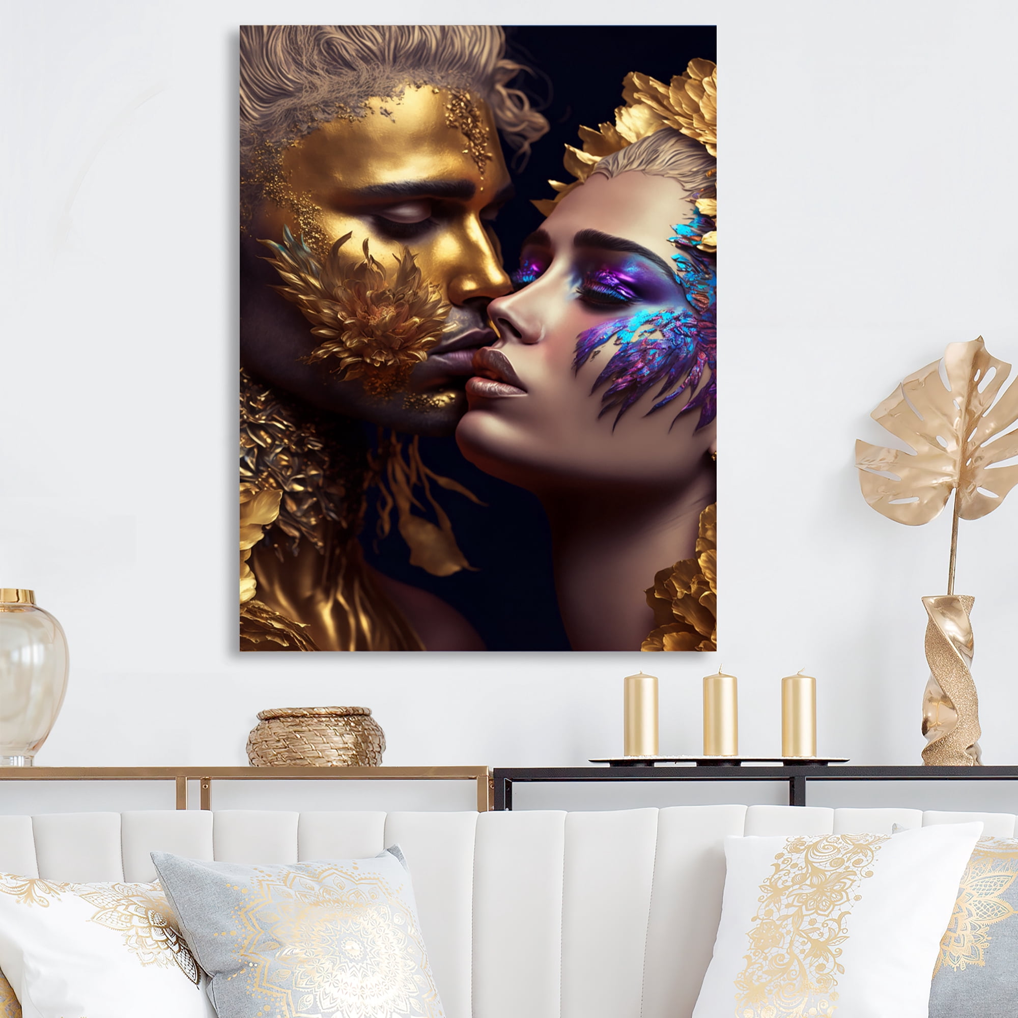 Designart Black And Gold Couple Kissing Art III Canvas Wall Art