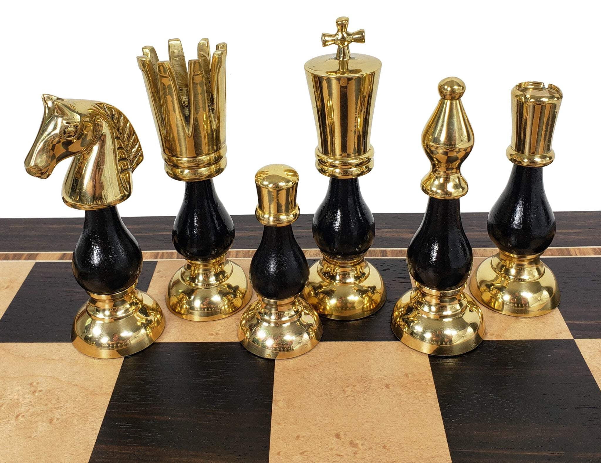 LARGE Brass Metal Gold Black Chrome Spiked 2 Tone Staunton Chess Set 20.5" Board