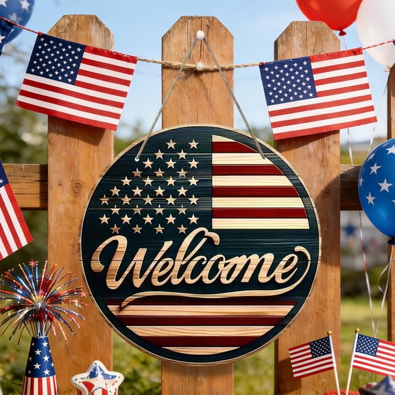 4th of July Patriotic Wooden Round Welcome Sign, American Flag Wall Hanging Decor for Front Door Porch, Independence Day God Bless America Home Party Ornament