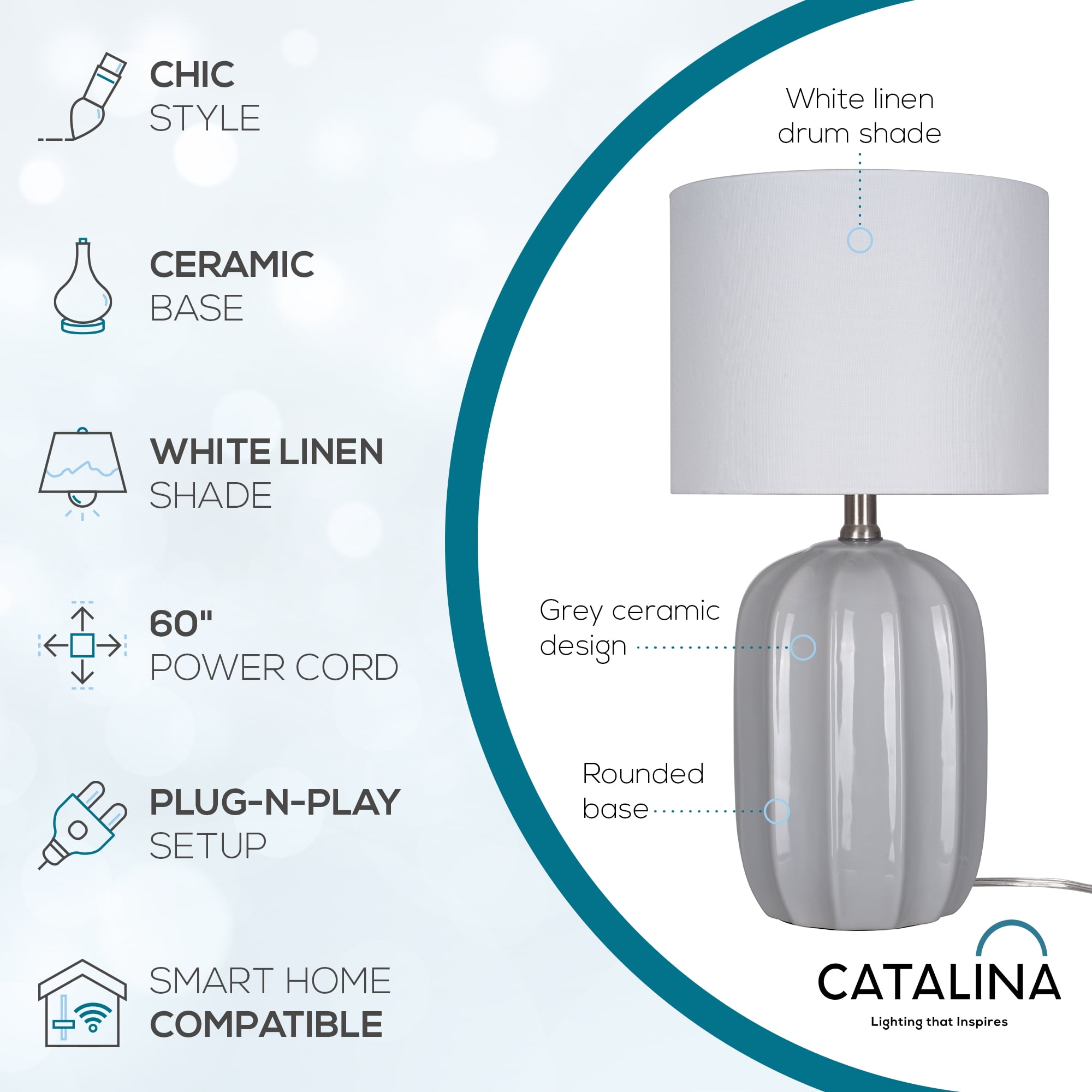 Catalina Lighting Arcadia 19.5'' Table Lamp with White Fabric Drum Shade Transitional Table Light Fixture for Living Room, Bedroom, or Office, Gray