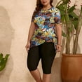 thumbnail image 6 of BLTIBY Plus Size Womens Swimsuits 2 Piece Short Sleeve Swimsuit Round Neck Bathing Suits with Short Pants Tummy Control Printed Swimwear Yellow XL, 6 of 9