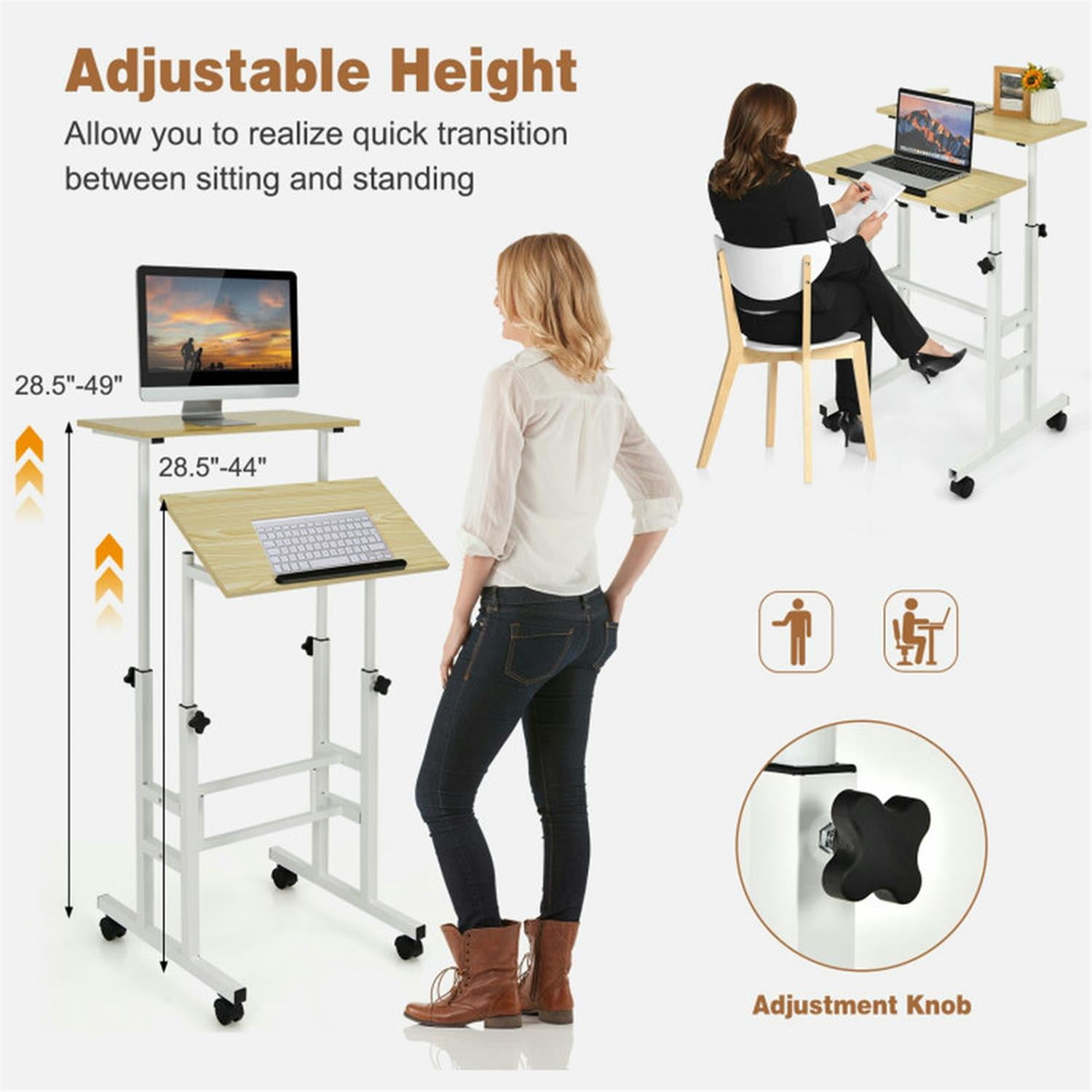 Demi Bonn Height Adjustable Mobile Standing Desk with Rolling Wheels for Office and Home, Laptop Workstation for Laptops, Books, Tablets, and Art, Beige