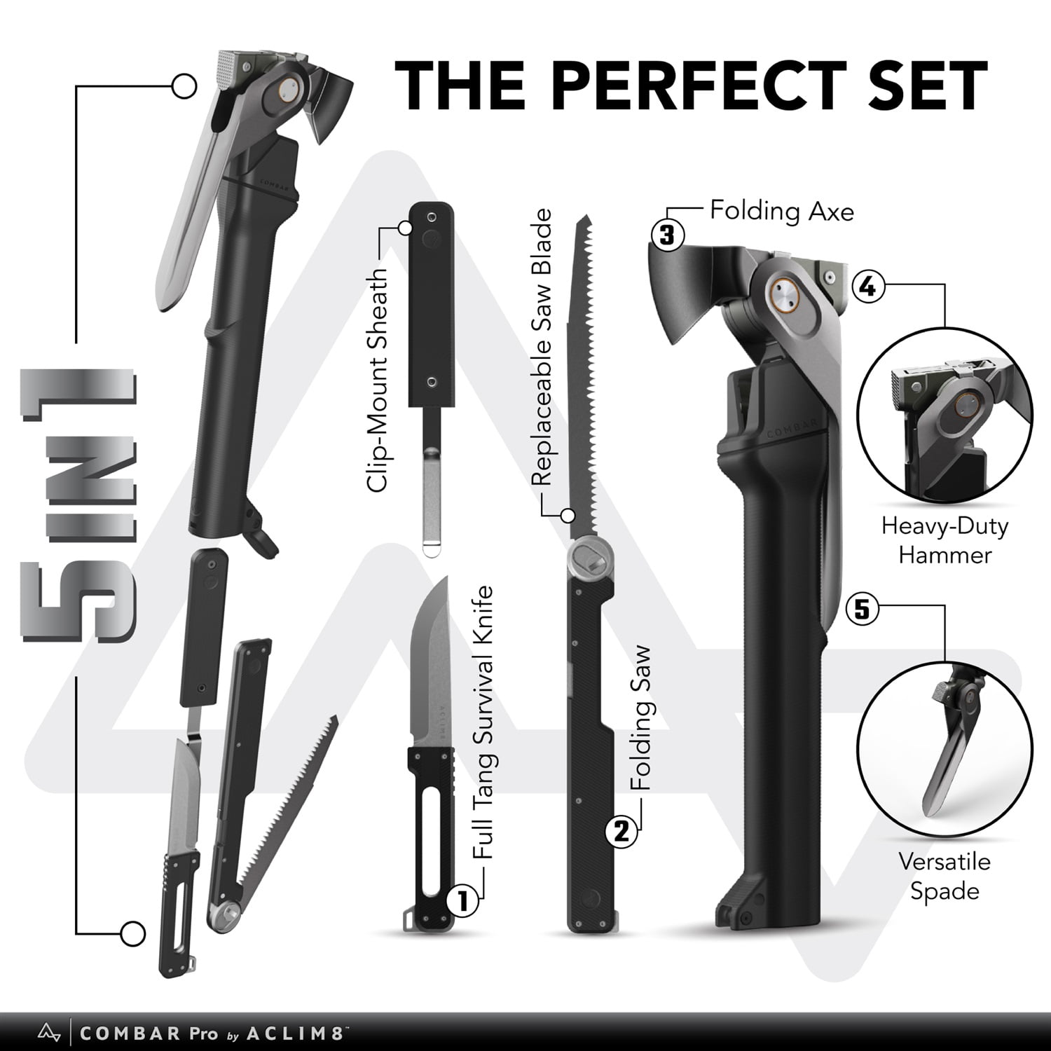 ACLIM8 FG007 Combar Pro Tool with Hatchet Spade Hammer Knife & Saw