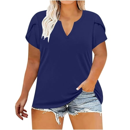 

Blouses for Women Women Fashion Casual Printing Shirts Short Sleeve Loose Plus Size Tee Tops V-neck Tunic Blouse Solid Color Maternity Blouses Navy XL
