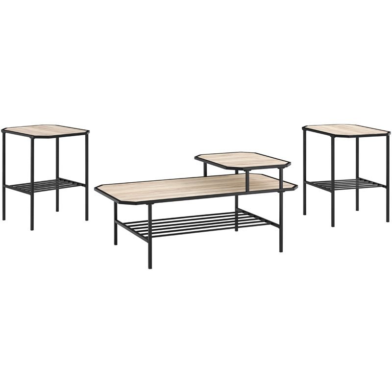 3Piece Tiered Mixed Material Coffee Table Set in Birch