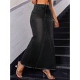 thumbnail image 3 of Womens Black Maxi Denim Skirt With Frayed Hem And Asymmetrical Seam, 3 of 15
