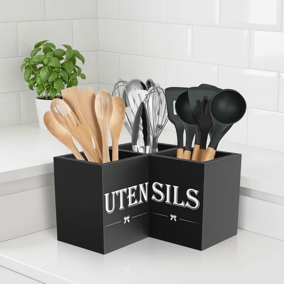 Extra Large 3-Compartment Corner Wooden Utensil Holder for Kitchen Countertop – Farmhouse Decor, Black