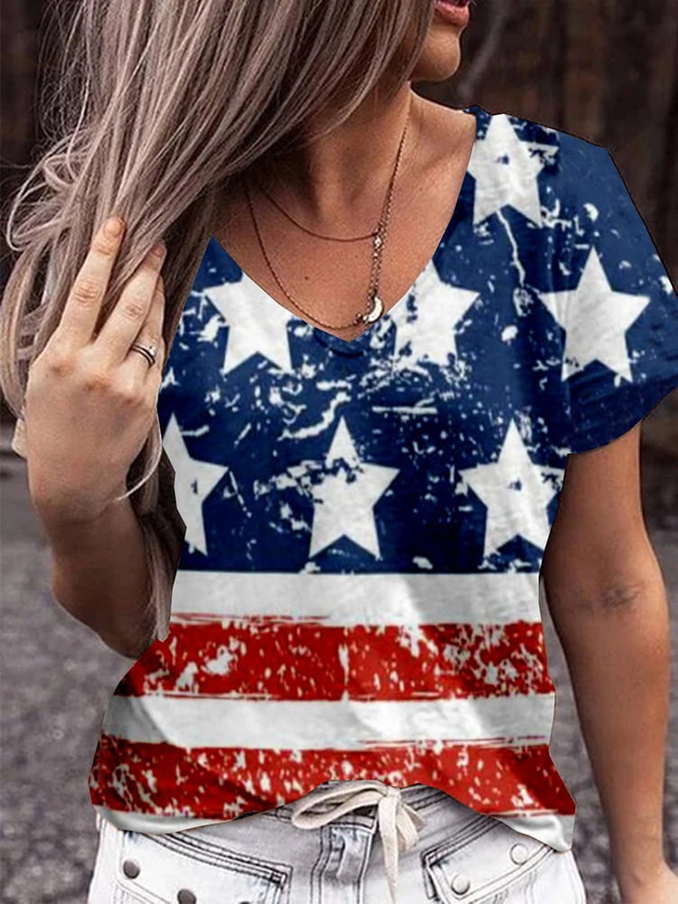 Womens American Flag T Shirt USA Patriotic Shirt O-Neck Short Sleeve July 4th Tshirt Print Graphic Stars Stripes Summer Casual Tee Tops Blouses T-Shirts 