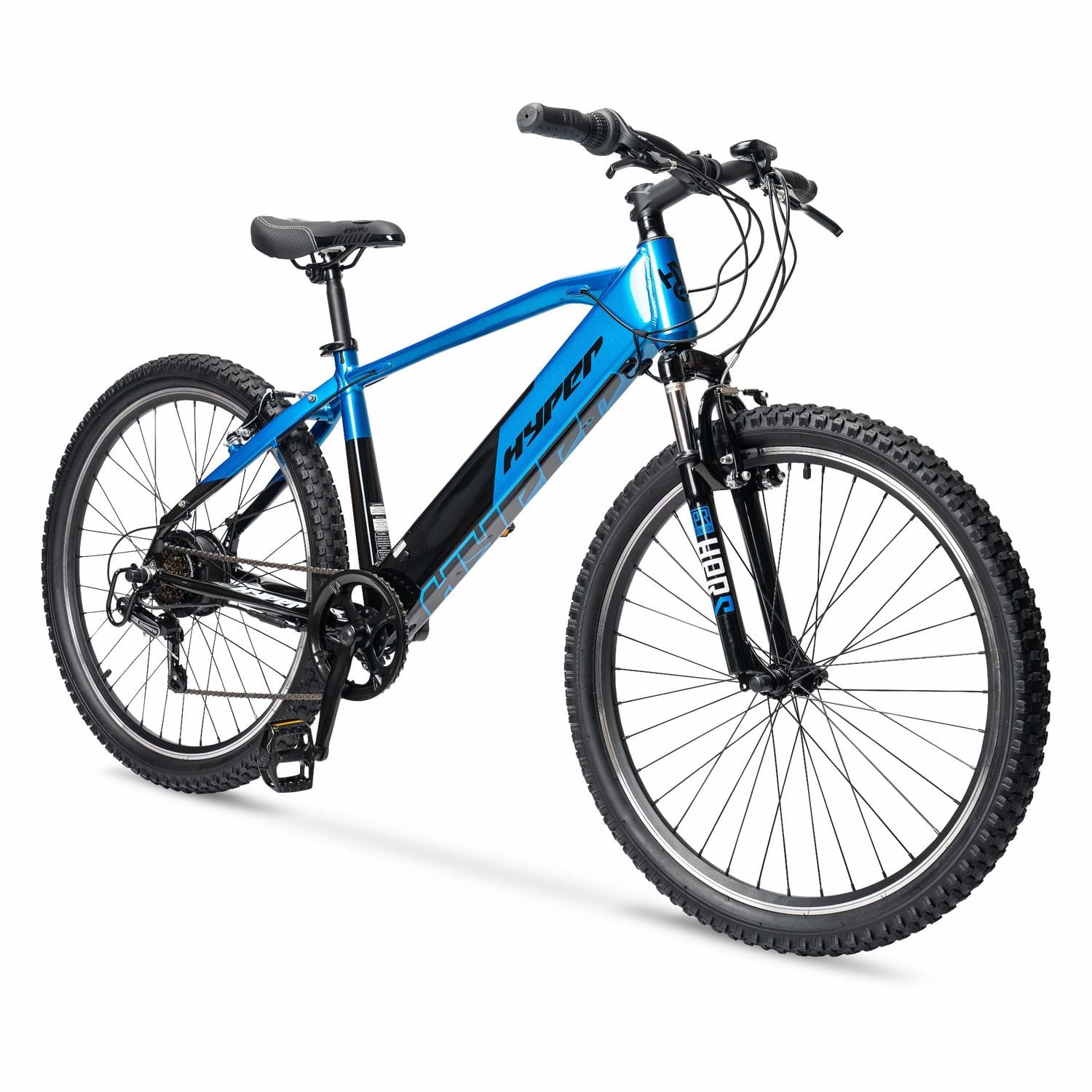 Hyper Bicycles 26" 36V Electric Mountain Bike for Adults, Pedal-Assist, 250W E-Bike Motor, Blue, Hyper 26" Hero E bike Mtn Blue Blck