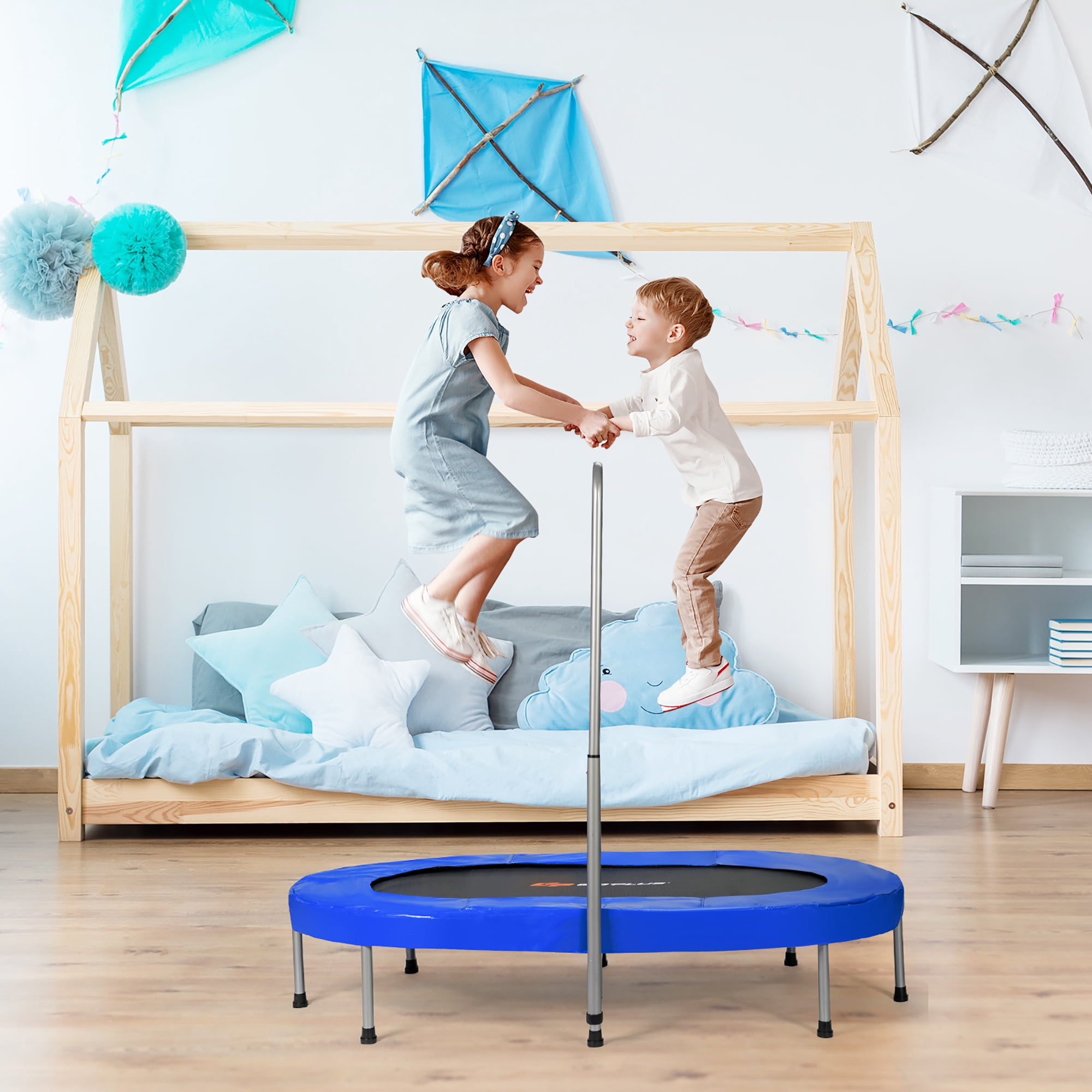 Goplus Foldable Trampoline Double Mini Kids Fitness Rebounder with Adjustable Handle Blue
