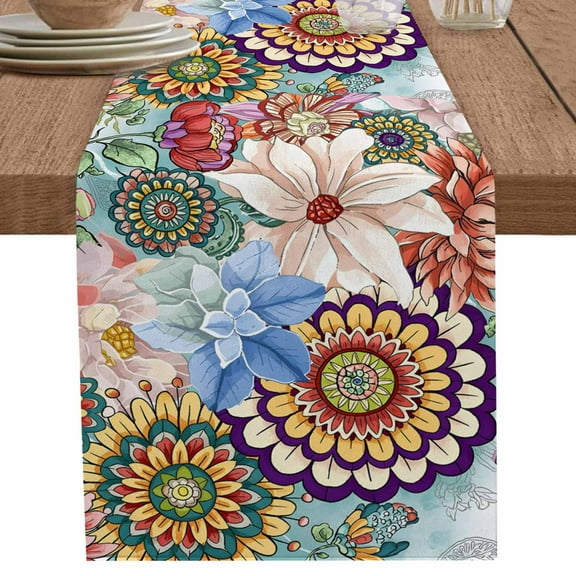 Bohemia Retro Blossom Flower Leaves Table Runner-70 Inch Long Abstract Floral Table Runners Linen Burlap Tablerunner for Kitchen Dining Room Holiday Party