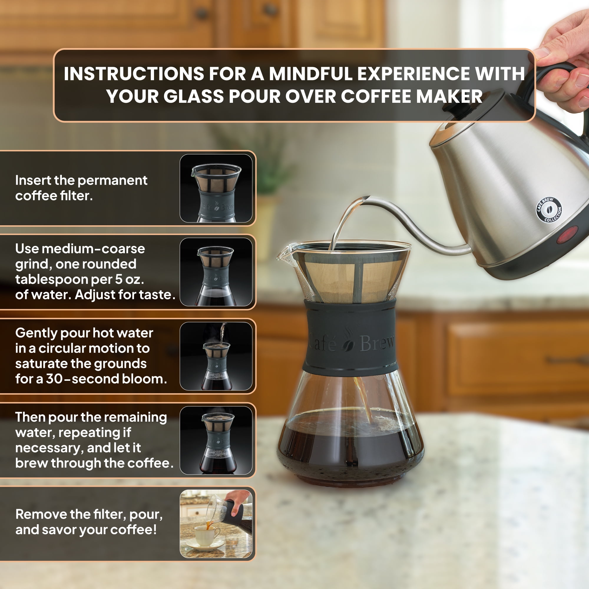 Pour Over Coffee Maker, 8 Cup/40 Ounce, Borosilicate Glass from Germany, Reusable Stainless Steel Filter, Black Silicone Grip