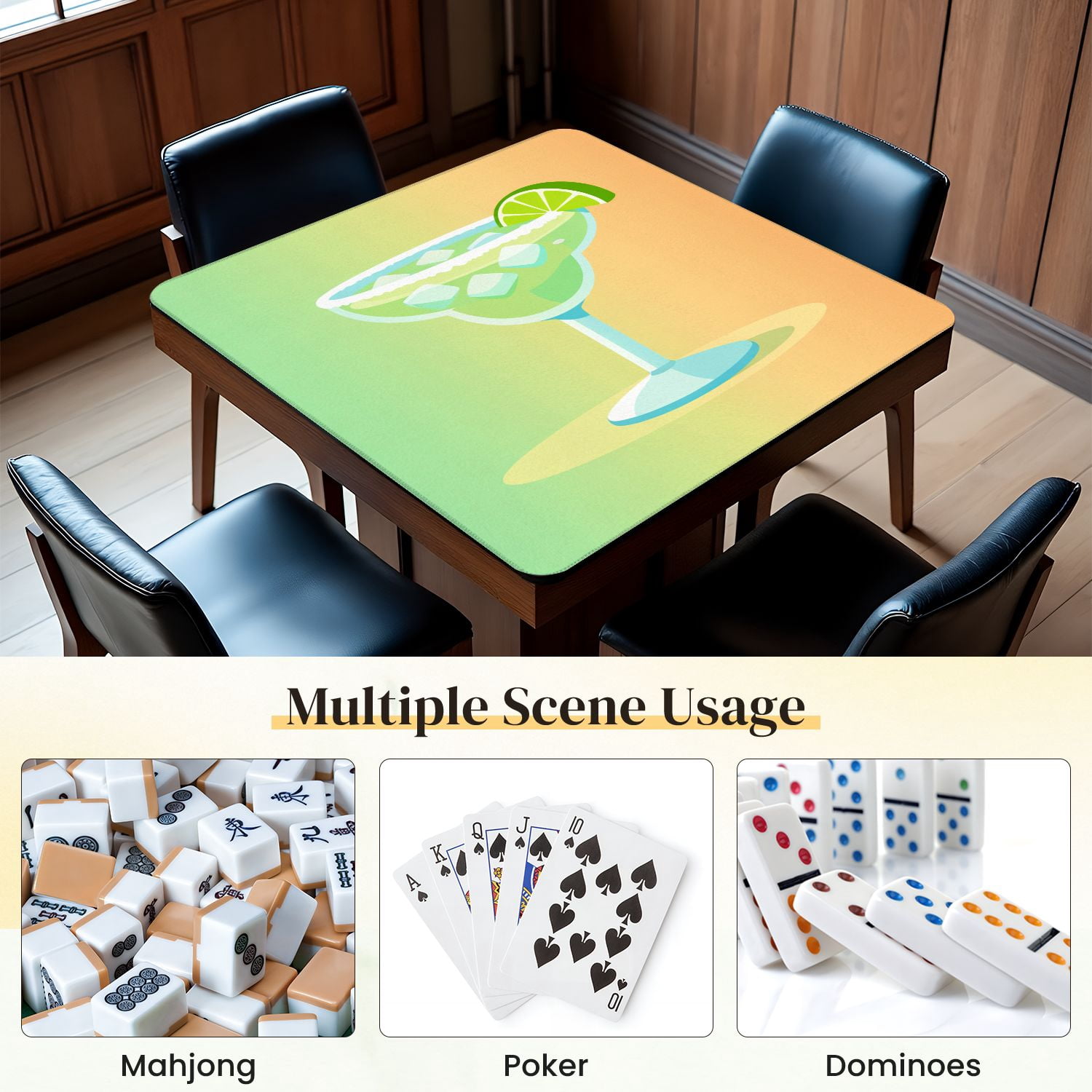 Mahjong Mat 31.5" x 31.5" Refreshing Margarita Cocktail Lime Wedge Ice Cubes Gradient Non-Slip Noise Reduction Mahjong Tiles Table Cover for Dominoes Poker Card Board and Tile Games