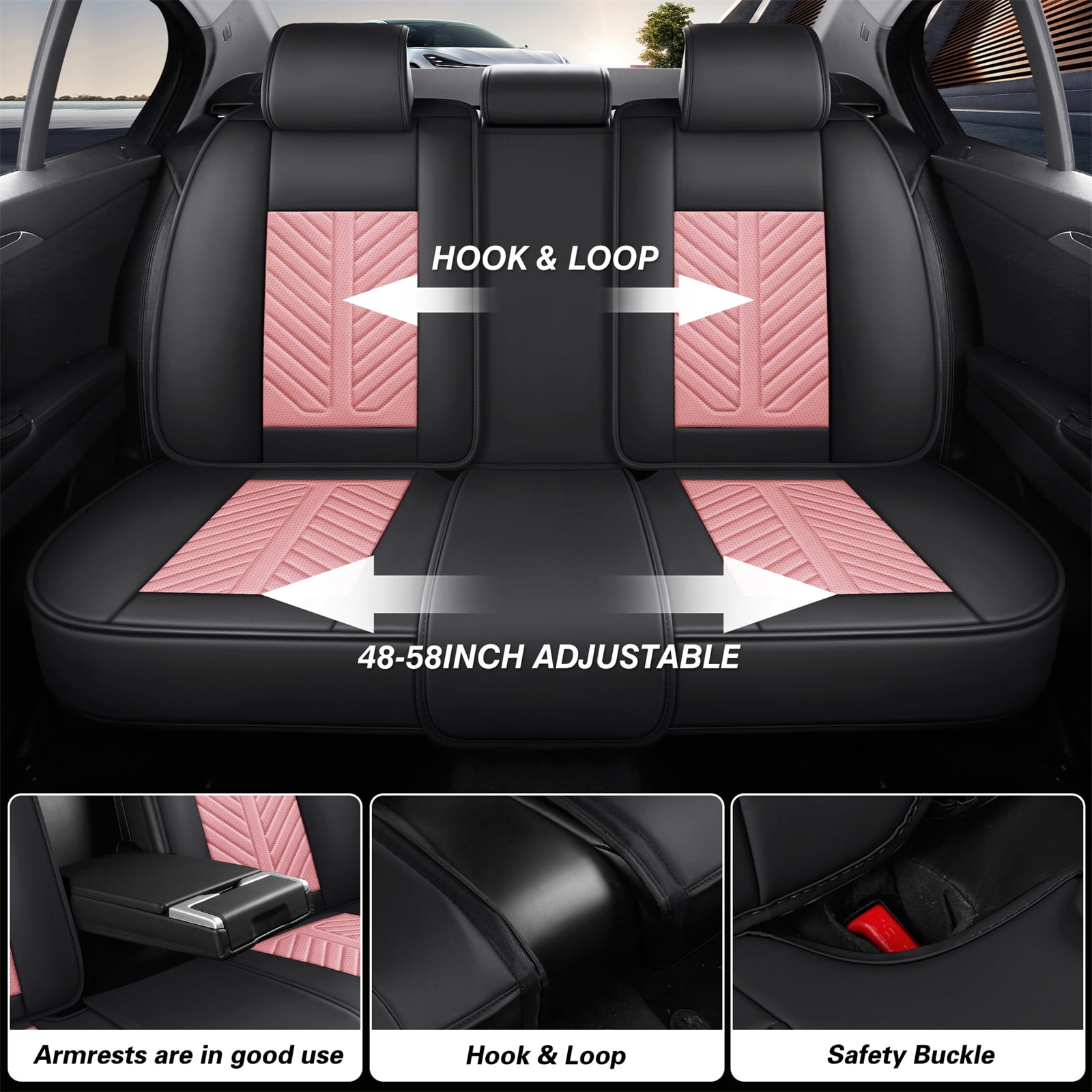 OTOEZ Universal Pink Car Seat Cover Nappa Leather 5-Seat Full Set Waterproof Front & Rear Cushion Protector Fit Most Honda Toyota Chevy Ford Nissan SUV