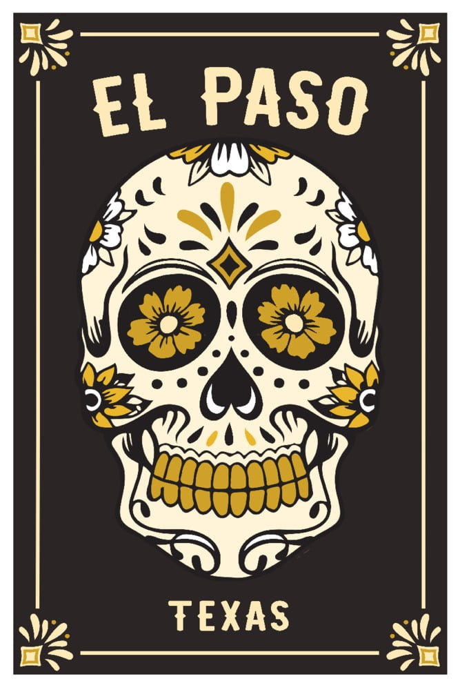 El Paso, Texas, Day of the Dead, Sugar Skull and Flower Pattern (Black and Gold) Press (12x18