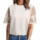 thumbnail image 3 of Blusa de encaje con cuello redondo y mangas de color liso, camiseta de encaje de manga corta para mujer, blusa de encaje con cuello redondo y mangas de color liso, diseño exquisito, 3 of 6