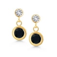 thumbnail image 2 of Gem Stone King 14K Yellow Gold Black Onyx and White Created Sapphire Two Stone Bezel Dangle Earrings for Women (1.21 Cttw, Gemstone December Birthstone, Round 5MM and 3MM), 2 of 4