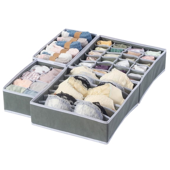 Drawer Organizer Set of 4, Non-Woven Fabric Closet Organizer with 6 7 8 24 Cells, Foldable Dresser Drawer Dividers for Underwear Bra Socks Ties Scarves, Light Gray