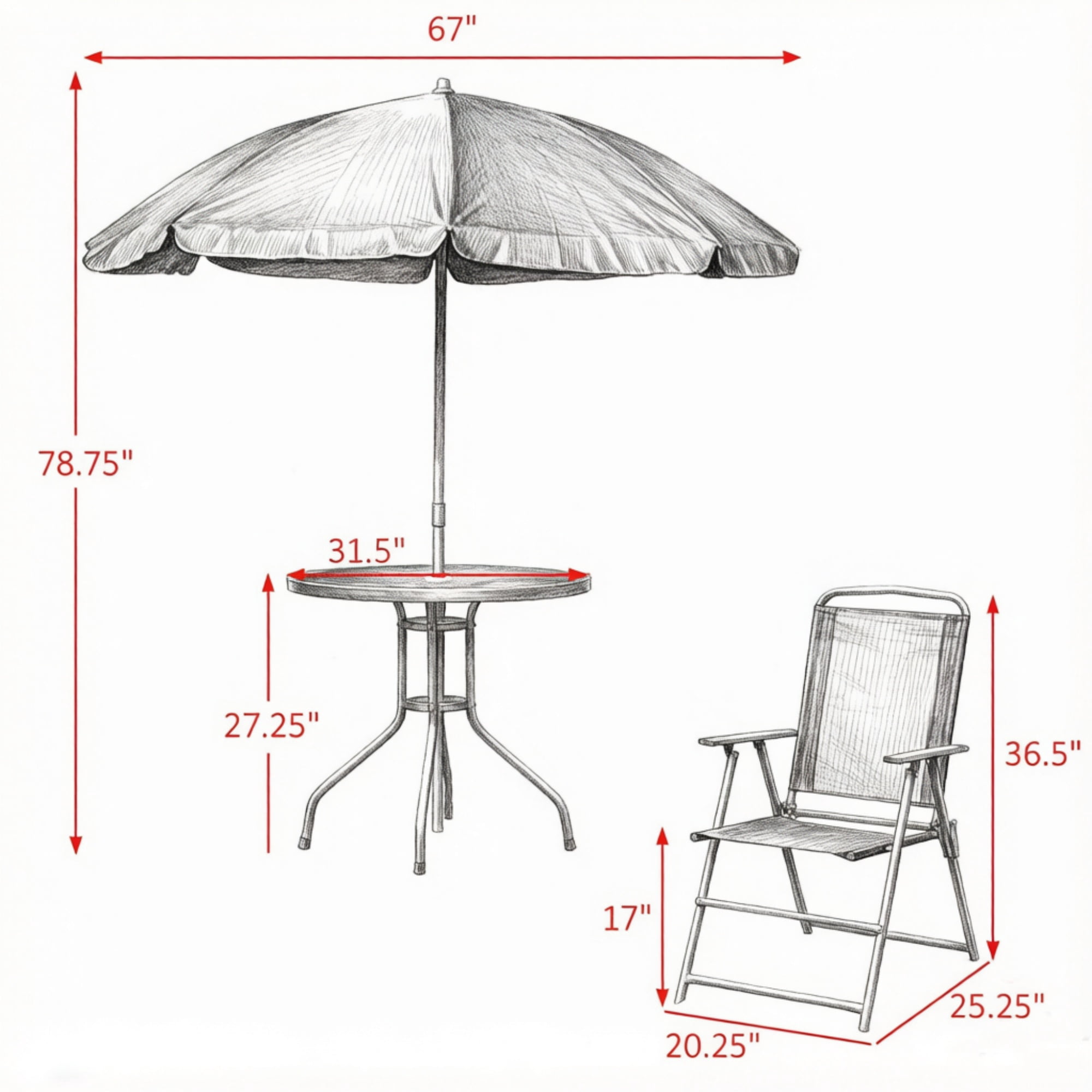 6-Piece Patio Dining Set for 4, Complete with Umbrella, Round Glass Table & 4 Folding Chairs, Black & Coffee