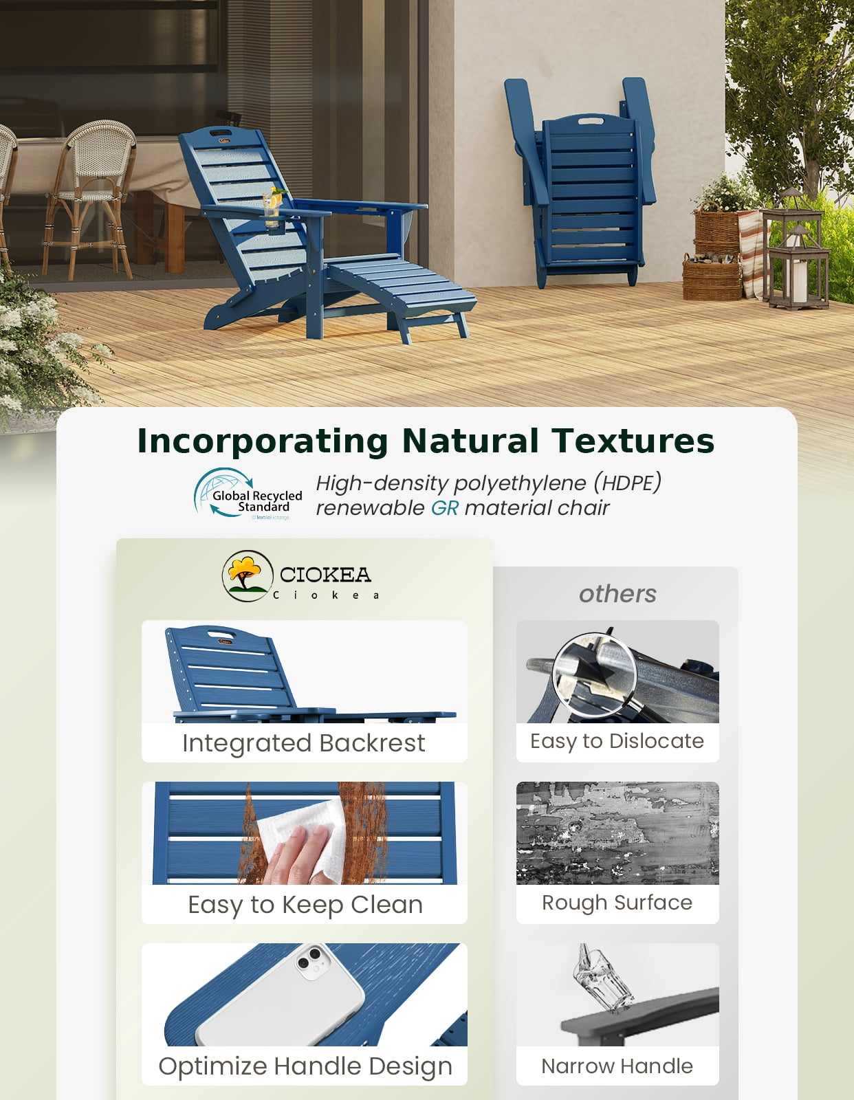 Folding Adirondack Chair w/ Ottoman, Weather-Resistant HDPE Patio Fire Pit Chair, Teak
