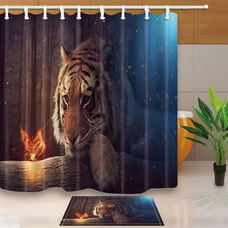 BPBOP Animals Friendship Decor Sadly Tiger Looking at Butterfly on Wood Shower Curtain 66x72 inches with Floor Doormat Bath Rugs 15.7x23.6
