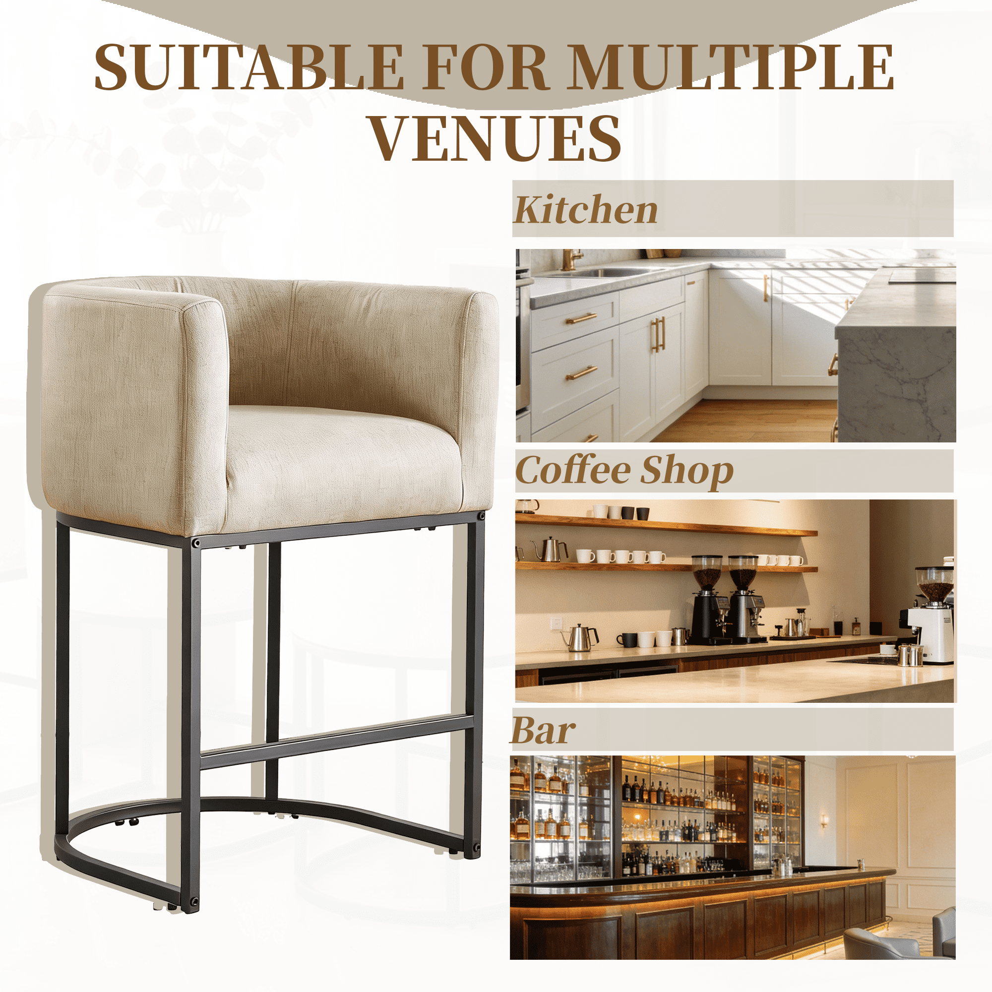 FANCROU 26" H Counter Height Bar Stools Set of 1, Fabric Barrel Stools with Back and Arms, Gamel-Black Leg