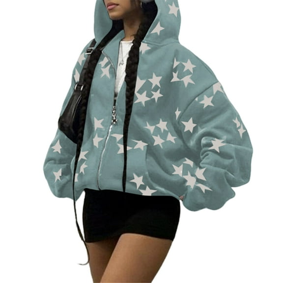 Zip Up Star Print Hoodies for Women Cropped Sweatshirts Fall Fashion Outfits Y2k Fleece Couples Clothes  Blue S