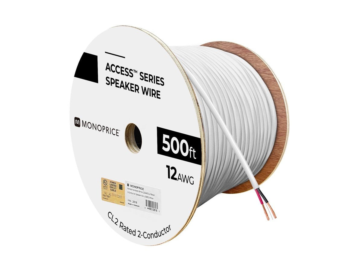 Monoprice Speaker Wire, CL2 Rated, 2-Conductor, 12AWG, 500ft, White